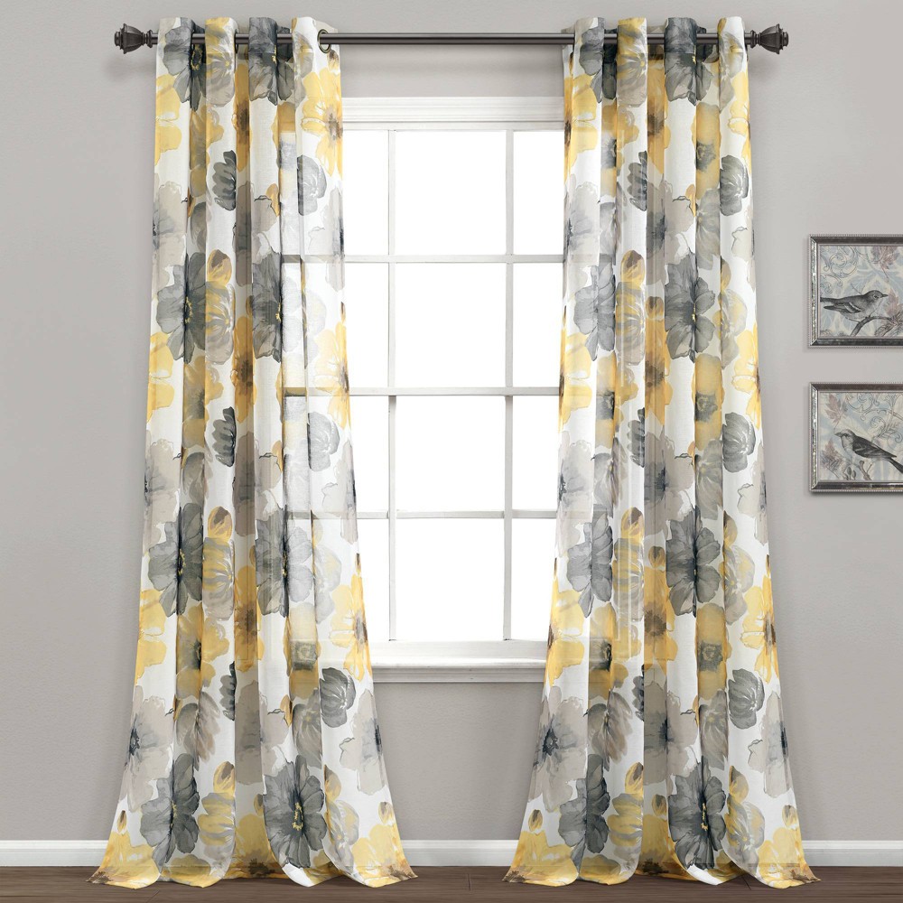 Photos - Curtain Rod / Track 2pk 52"x84" Sheer Leah Curtain Panels Yellow/Gray - Lush Décor