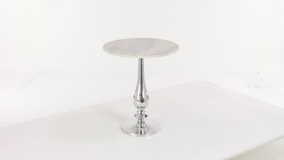 White Marble and Silver Aluminum Round Accent Table