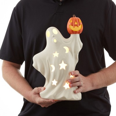 Hand-Painted Ceramic Halloween Ghost with Pumpkin LED Decor