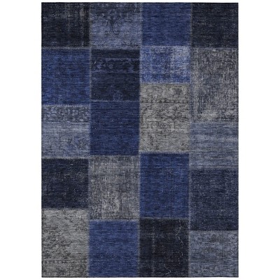 Navy Blue And Denim Blue Patchwork Washable Indoor Outdoor Area Rug