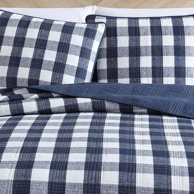 Twin White and Indigo Cotton Reversible Plaid Quilt Set