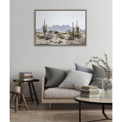 Tall Saguaro Cacti Desert Mountain Gray Framed Canvas Print