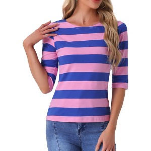 INSPIRE CHIC Women's Stripes Casual Basic Elbow Sleeves Boat Neck Slim Fit T-Shirts - 1 of 4