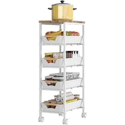 5 Tier Kitchen Rolling Carts with Wheels, Metal Utility Rolling Cart Fruit Vegetable Storage Basket Pantry Rack with Wood Top & Plastic Shelf