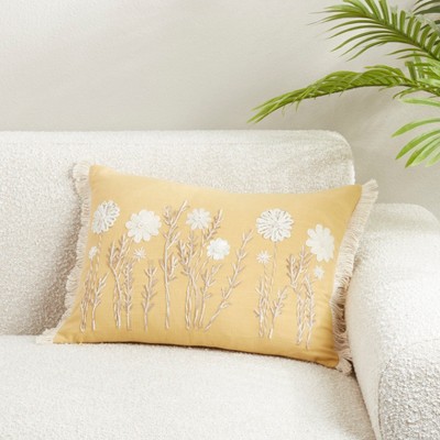 Yellow Cotton Embroidered Floral Pillow Cover, 14"x20"