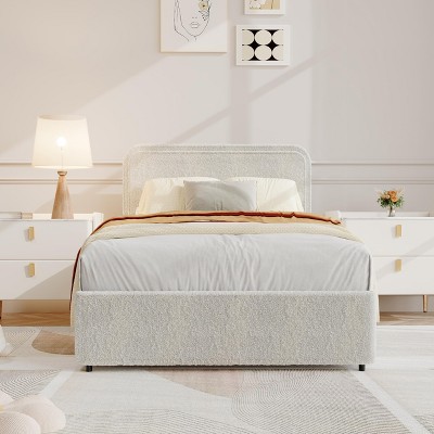 Modern Upholstered Bed Frame with Headboard, Storage Drawers, Platform Bed Frame, Beige Soft Bed Frame, Wooden Slats Support, No Box Spring Needed