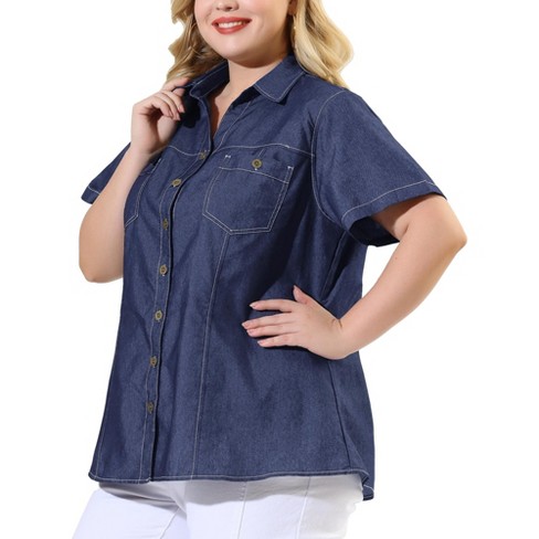 Unique Bargains Women's Plus Size Chest Pocket Long Sleeve Denim Chambray  Shirt 2X White Blue 