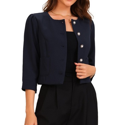 Allegra K Women's Collarless 3/4 Sleeve Lightweight Pockets Button Down Work Suit Blazer Dark Blue X-Large