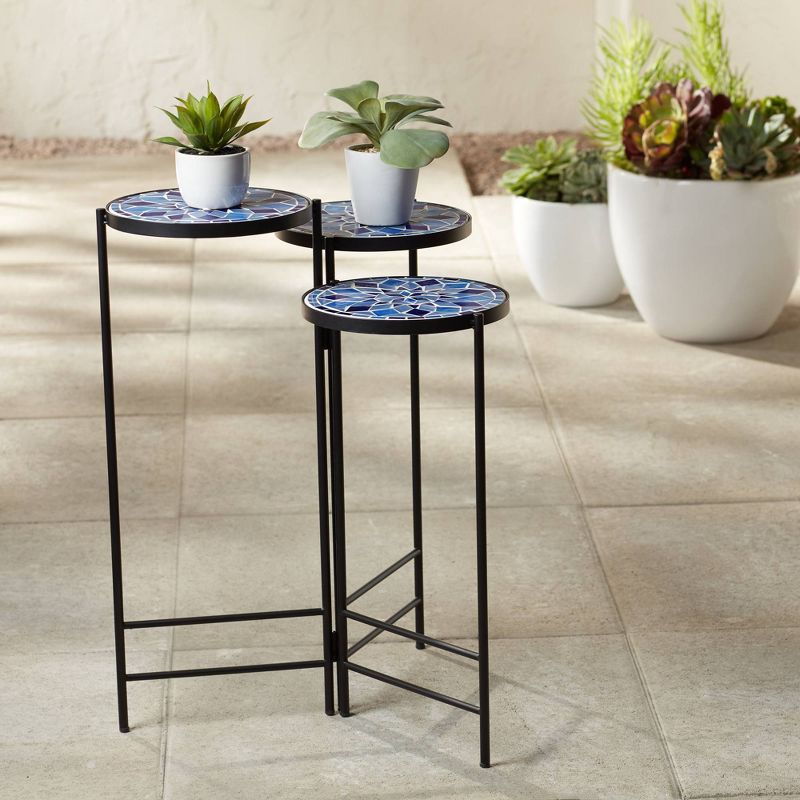 Teal Island Designs Modern Black Round Outdoor Accent Side Tables 10" Wide Set of 3 Blue Mosaic Tabletop for Front Porch Patio Home House, 2 of 10