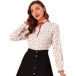 Allegra K Women's Bow Tie Neck Ruffled Collar Printed Long Sleeve Vintage Blouse - 1 of 4