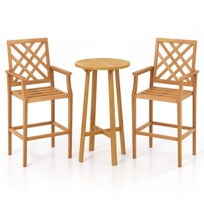 Tangkula 3 PCS Patio Bar Set Round Cocktail Table w/ 2 Stools w/ Backrest Armrests