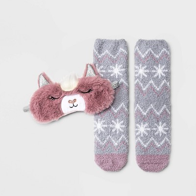 Women's Llama Faux Fur Eye Mask & Cozy Socks Set - Pink/Gray 4-10