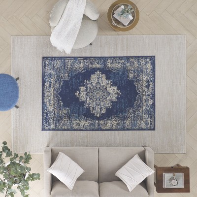 Extra Large Navy Blue Medallion Synthetic Area Rug
