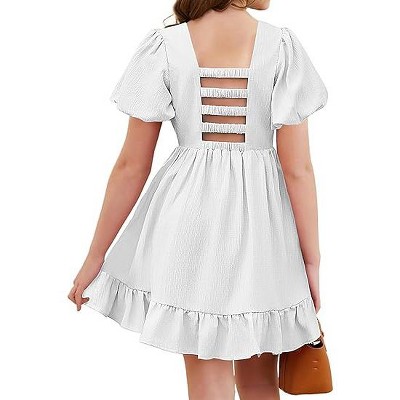 Arshiner Girls Summer Cut-Out Back A-Line Dress Puff Sleeves Square Neckline Flounce Hem Dresses