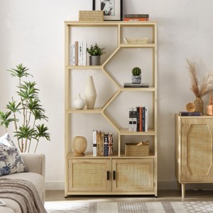 Yukimo 76"H Rattan Bookshelf with Cabinet, Natural Finish, Living Room/Home Office Storage, 39.4" W x 13.8" D x 75.6" H - 1 of 4