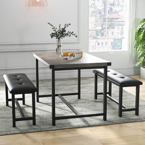 Kitchen Table Set with 2 Upholstered Benches for 4, Dining Room Metal and Wood Rectangular Table Set for Small Space, Apartment - 1 of 4
