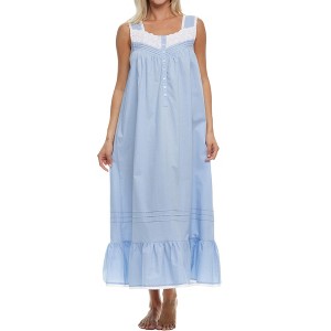 ADR Women's Cotton Nightgown, Sleeveless Lace Trimmed Button Up Long Vintage Night Dress Gown - 1 of 4