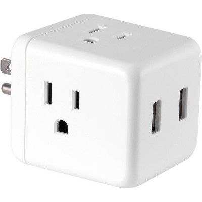 Power Gear 3-Outlet Grounded Cube Tap with 2 USB Ports 2.4A Surge 245J White