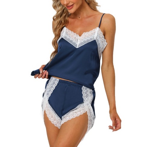 cheibear Womens Sleepwear Pjs Lace Trim Satin Lingerie Silk Cami with  Shorts Pajama Set Blue Medium