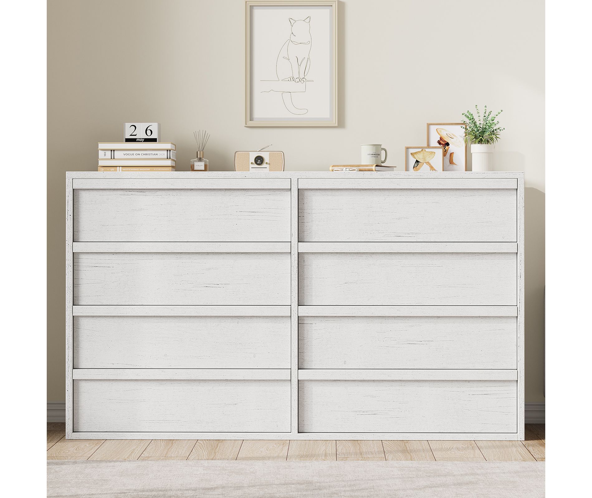 Garvee 8 Drawer Dresser for Bedroom, 54" White Double Dresser Organizer with Concave Handle, Modern Chest of Drawer for Bedroom Living Room Nursery