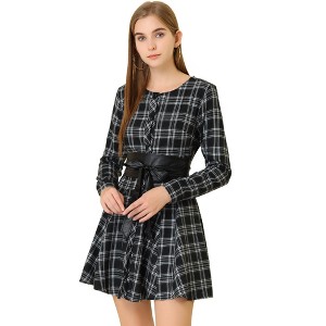 INSPIRE CHIC Women's Plaids Long Sleeves Belted Mini A Line Shirt Dress - 1 of 4