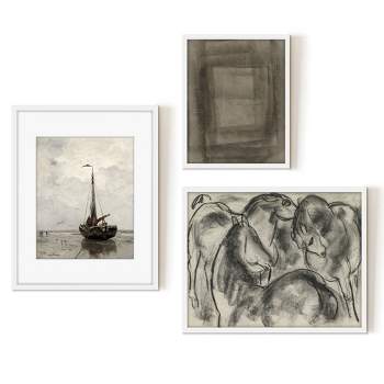 Americanflat Modern 3 Piece Vintage Gallery Wall Art Set - Three Stallions, Beached Fishing Boat, Geometric Abstract By Maple + Oak