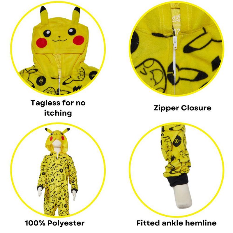 Pokemon Onesie Pajamas for Kids, Pikachu Hooded Plush Costume or Sleeper with Zipper Front, 3 of 10