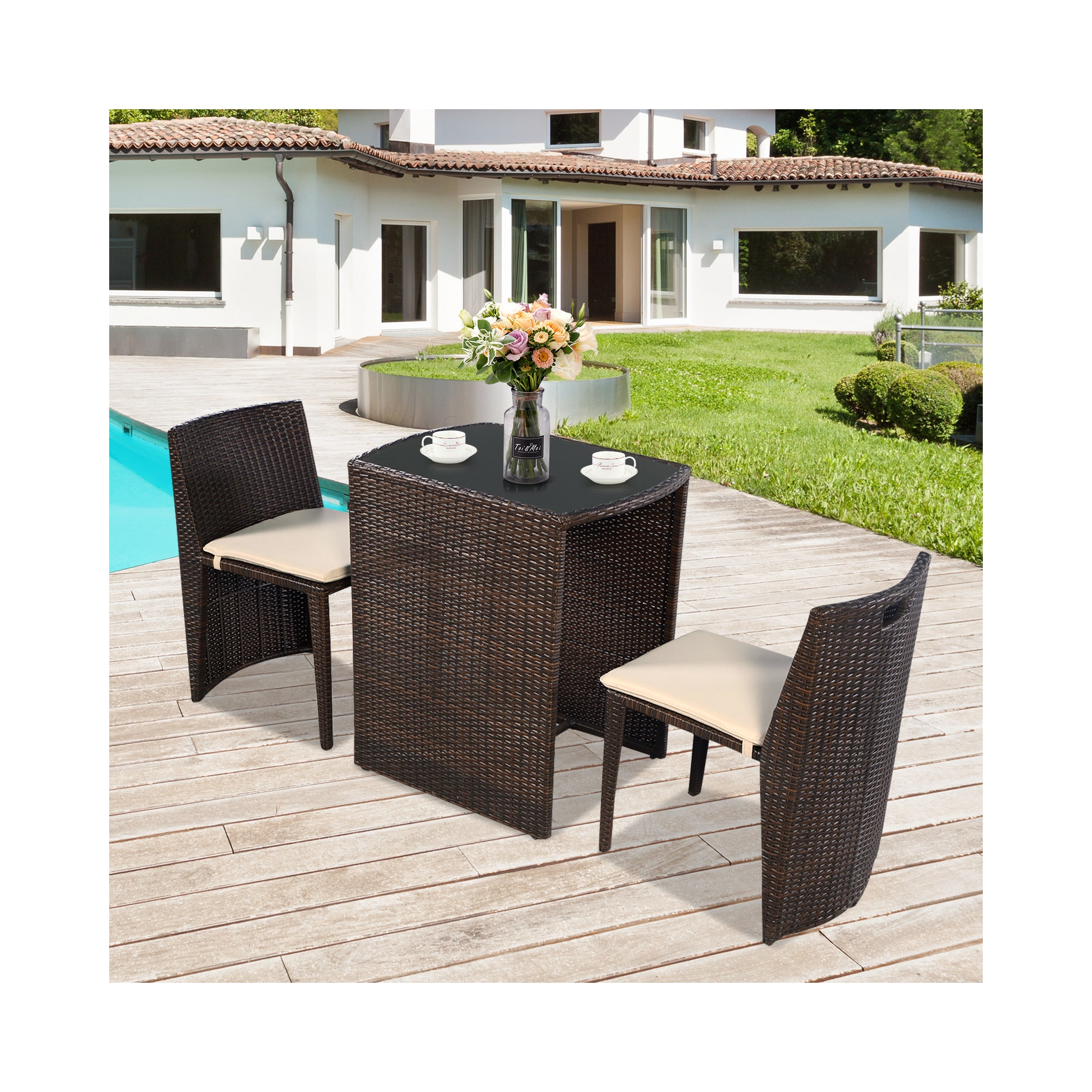 Costway 3 PCS Cushioned Outdoor Wicker Patio Set Garden Lawn Sofa Furniture Seat Brown No Assembly