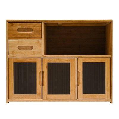 YIYIBYUS Small Bamboo Kitchen Pantry Sideboard with 2 Doors, Freestanding Countertop Storage Cabinet-24.4"W