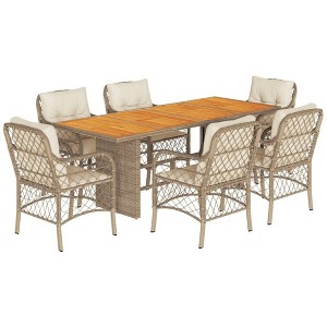 vidaXL 7 Piece Patio Dining Set with Cushions Beige Poly Rattan - Acacia Wood Table, Cushioned Seats for Garden, Patio, Backyard - 1 of 4
