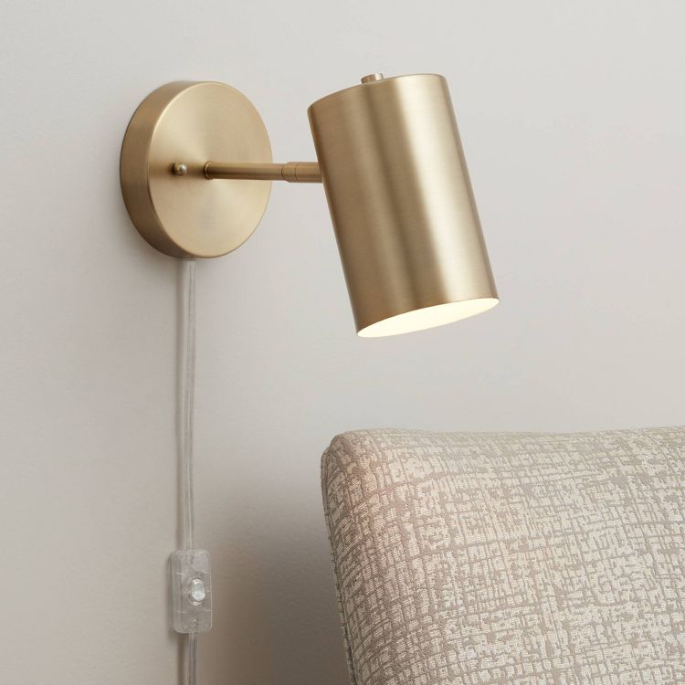 360 Lighting Carla Modern Wall Lamp Polished Brass Plug-in 5" Light Fixture Adjustable Cylinder Down Shade for Bedroom Reading Living Room Hallway, 2 of 9