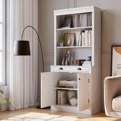 Garvee 71" 5-Tier Wooden Bookshelf - Storage Cabinet with Doors, Adjustable Shelves & Drawer, for Home Office/Living Room, White