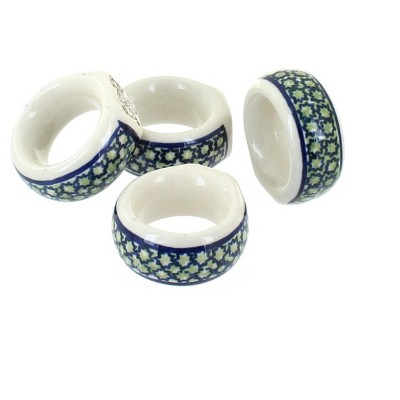Blue Rose Polish Pottery Mosaic Flower Napkin ring Set