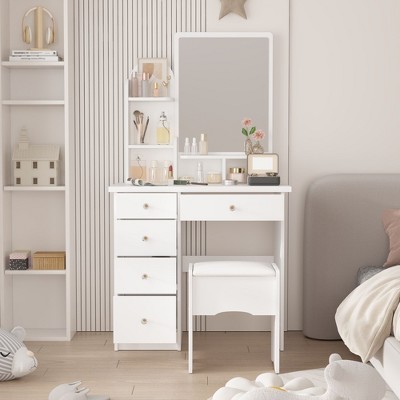 FUFU&GAGA Makeup Vanity Set with Mirror and Stool Drawer and Shelf