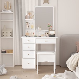 FUFU&GAGA Makeup Vanity Set with Mirror and Stool Drawer and Shelf - 1 of 4