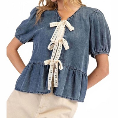 Women's Front Ribbon Tie Denim Top - ee:some