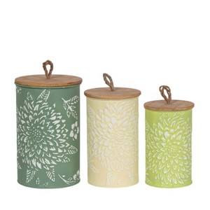 VIP Metal 10.5 in. Green Floral Embossed Canister Set of 3 - 1 of 2