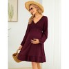 Women's Maternity Casual Smocked Long Sleeve Boho Dress Fall V Neck Flowy Midi Dress Baby Shower Photoshoot - 2 of 4