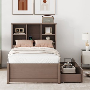 FURNIinspire Beds Modern Children Twin Size Bed Frame, Multifunctional Kid Platform Bed with Bookcase Under Bed Drawer, Brown, 87.2"*42.9"*41" - 1 of 4