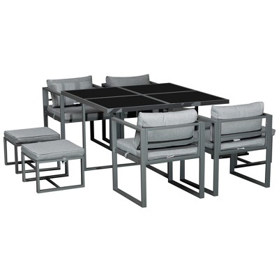 Outsunny 9 Piece Outdoor Patio Dining Set Furniture Set with 4 Chairs, 4 Ottomans, & Glass Table with Cushions & Aluminum Frame