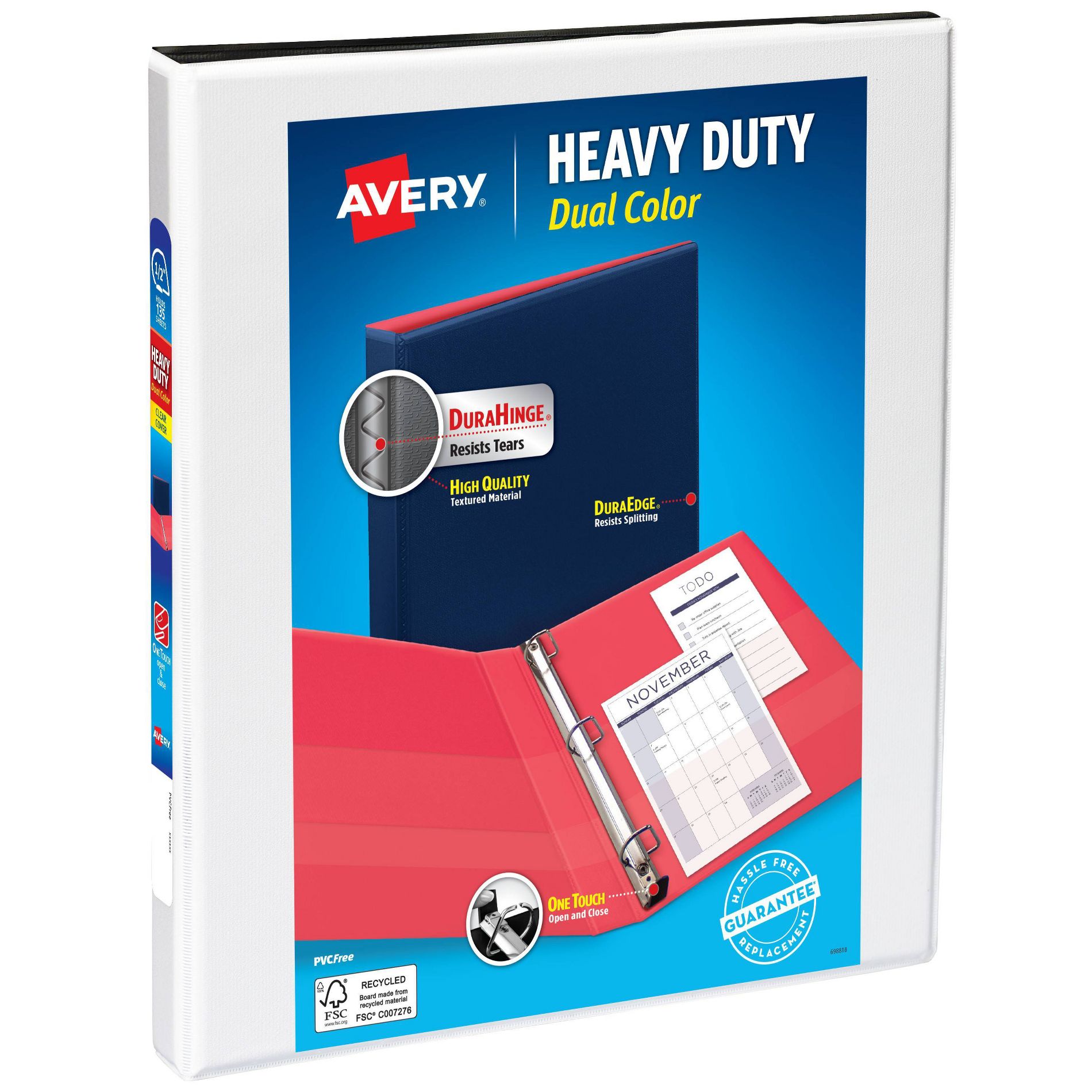 Avery 0.5" D-Ring Binder Heavy Duty Dual View White/Black: Polypropylene, 135 Sheet Capacity, 4 Pockets, Hard Cover