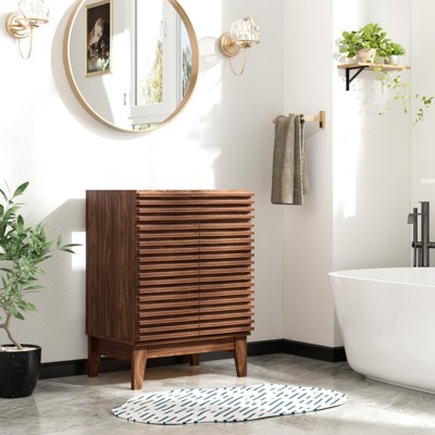 Mid-Century Freestanding Bathroom Cabinet Vanity with Storage, Particleboard Frame with Wood Grain Laminate, Walnut (Sink Basin Not Included)