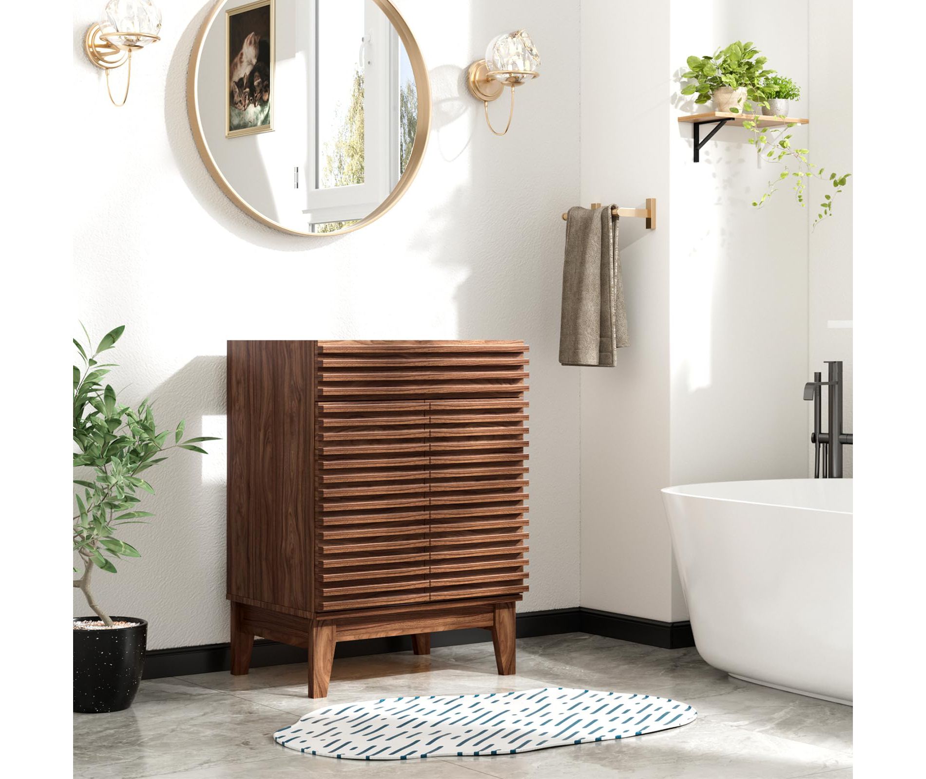 24" Mid-Century Freestanding Bathroom Cabinet Vanity with Storage, Particleboard Frame with Wood Grain Laminate, Walnut (Sink Basin Not Included)