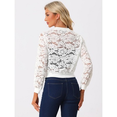 Allegra K Women's Stand Collar Zip Up Sheer-Mesh Lace Bomber Jacket White Large — фото 3