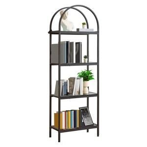 Industrial Arched Bookshelf 4-Tier - Metal Corner Shelf w/Adjustable Feet, Freestanding Bookcase for Living Room, Heavy-Duty Display Storage - 1 of 4