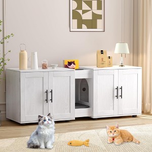55 Inch Cat Litter Box Enclosure for 2 Cats, Large Hiddden Litter Box Enclosure Furniture 3-in-1 Wooden Cat Washroom Furniture with Barn Door White - 1 of 4
