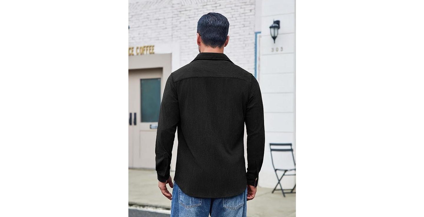 Мужская куртка COOFANDY Corduroy Shirt Men Long Sleeve Button Down Casual Overshirt Shirt Jacket Black, цвет: Чёрный — фото 4