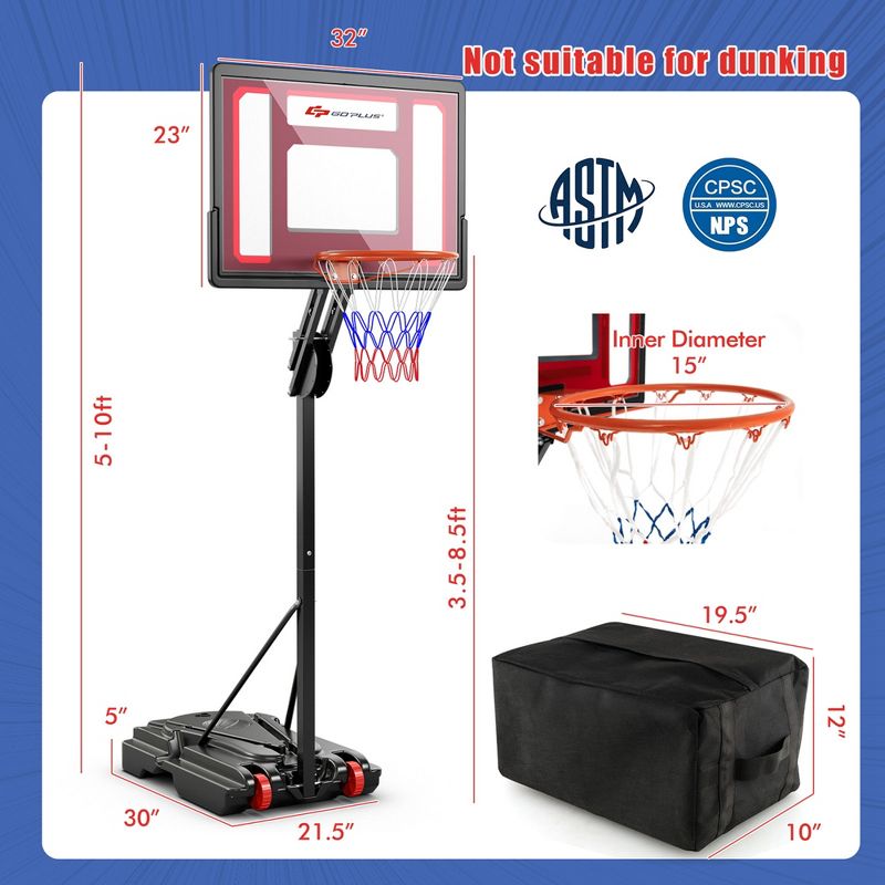 Costway Portable Basketball Hoop System 5-10 FT Adjustable with Weight Bag Wheels Outdoor, 3 of 11