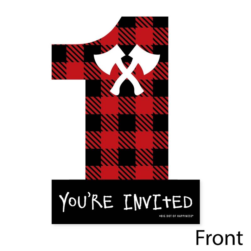 Big Dot of Happiness 1st Birthday Lumberjack - Channel The Flannel - Shaped Fill-in Invites - Birthday Party Invite Cards with Envelopes - Set of 12, 3 of 8
