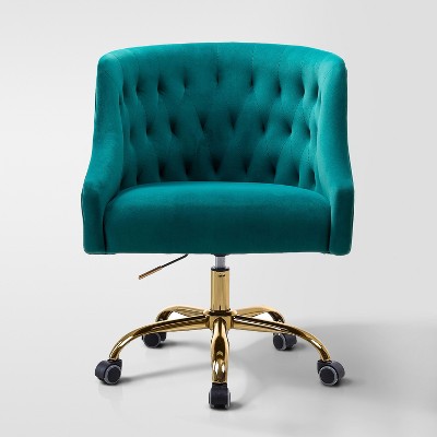 Anika Velvet Height-adjustable Swivel Task Office Chair with Button-tufted Back and Gold Base | Karat Home